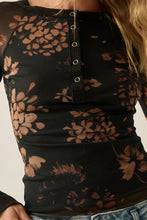 Black Floral-Print Mesh Raglan-Sleeve Split-Cuff Henley Top