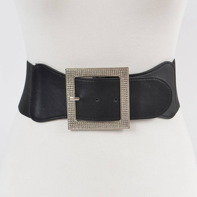 Black Silver Rhinestone Buckle Elastic Belt