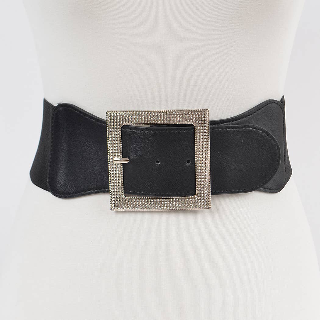 Black Silver Rhinestone Buckle Elastic Belt
