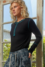 Black Round neck solid cut and sew knit mix knit POL top