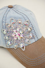 Light Denim Tan Sunflower Bejeweled Glitz Two-Toned Cap, Adjustable: