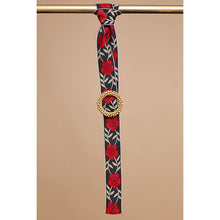 Black Red flower print circular POL buckle belt