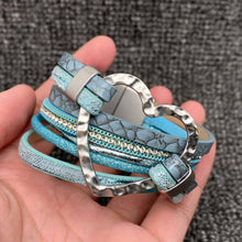 Grey Heart Charm Rhinestone Leather Magnetic Buckle Bracelet