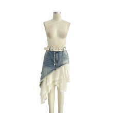 White Blue Asymmetrical Denim Lace Layered Skirt Set