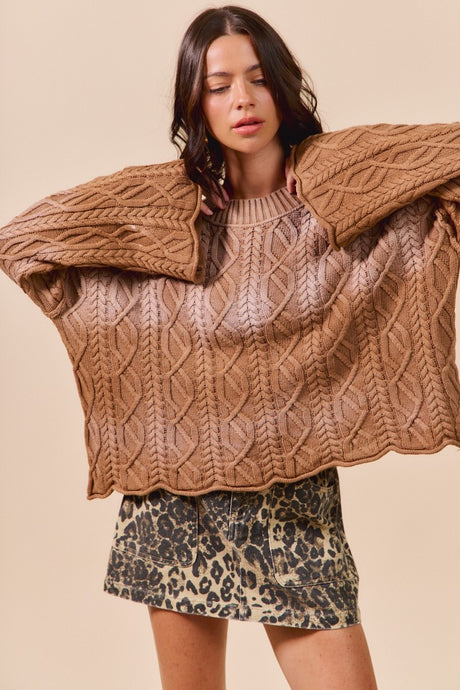 Brown Oversized Acid Washed Cable Knit Sweater 10/7/25 1181