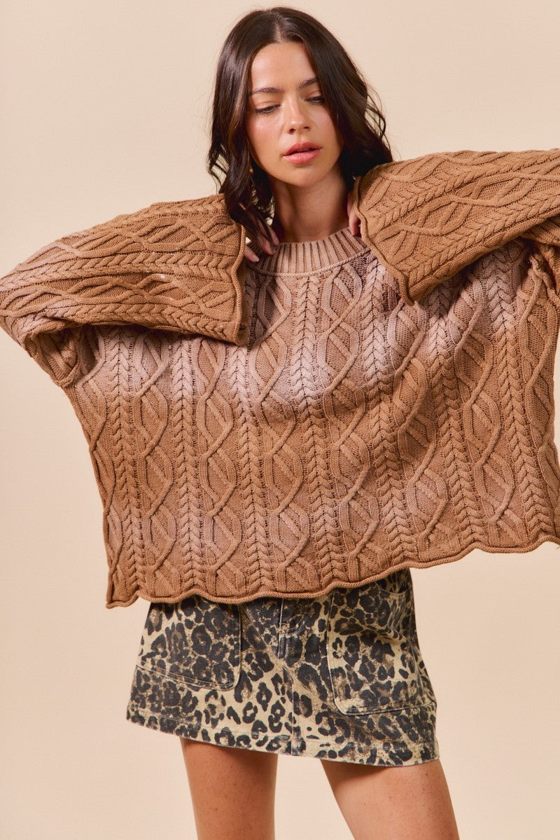 Brown Oversized Acid Washed Cable Knit Sweater 10/7/25 1181