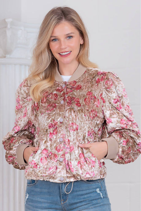 Taupe Long sleeve padded velvet bomber jacket