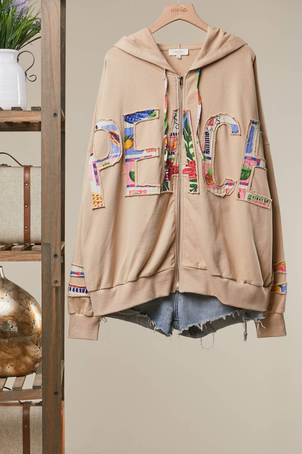 Beige Flower Fabric Detail Hooded Sweatshirt