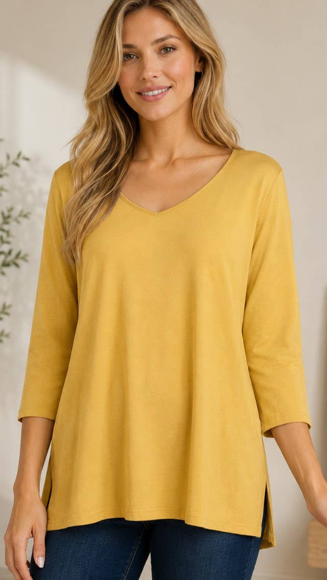 Mustard Solid Knit Quarter Sleeve Top