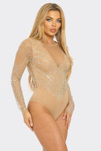 Nude Rhinestone Mesh Long Sleeve Bodysuit