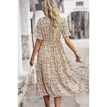 Beige Floral Print Fit Ruffle Sleeve Midi Dress