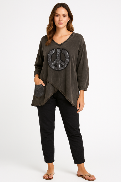 Nero Sequin Peace Top