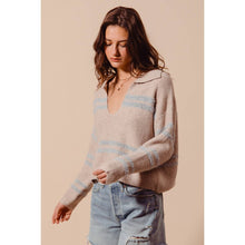 FUZZY HAIRY STRIPE DEEP U NECK SWEATER TOP: MUSTARD/DT BLUE / XL