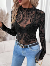 Black Paisley Velvet Print Mesh Top