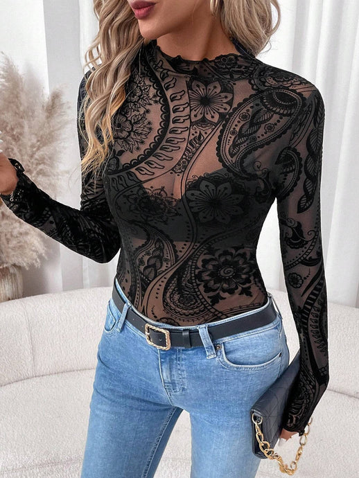 Black Paisley Velvet Print Mesh Top