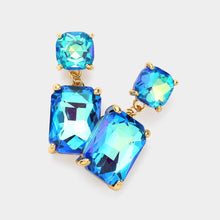 White Square Rectangle Glass Stone Link Dangle Evening Earrings