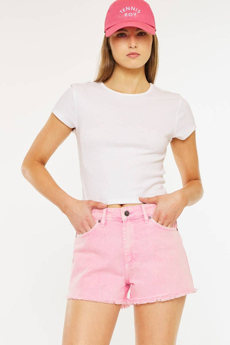 Pink High Rise Frayed Hem Denim Kancan Shorts