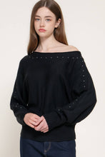 Black Long Sleeve Wide Boat Neck Studded Sweater