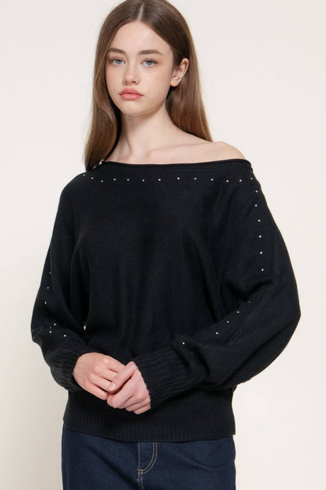 Black Long Sleeve Wide Boat Neck Studded Sweater