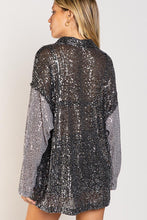 Black Grey Oversize Contrast Sleeve Sequin Woven POL Shirt 7/20/23 6692