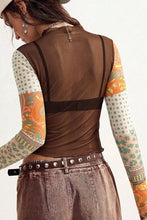 Brown Sheer Mesh Floral Patchwork Mock Neck Top