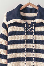 Lace-Up Cable Knit Striped Sweater Navy