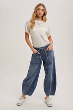 Med Wash Denim Mid Waist Drawstring Barrel Jeans