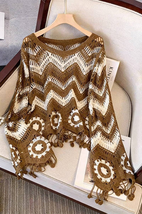 Brown Zigzag Pattern Fringed Sweater