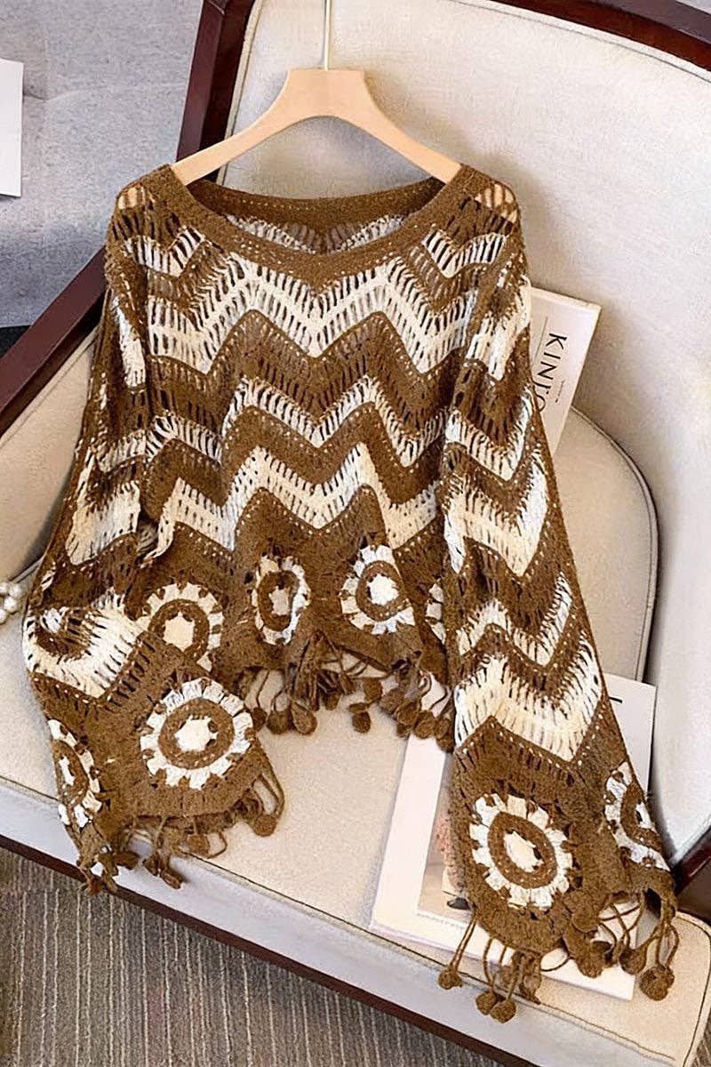 Brown Zigzag Pattern Fringed Sweater