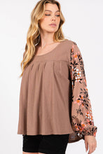 Brown Floral Contrast Solid Sage+Fig Top