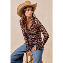 Leopard Button Up V Neck Mesh Top