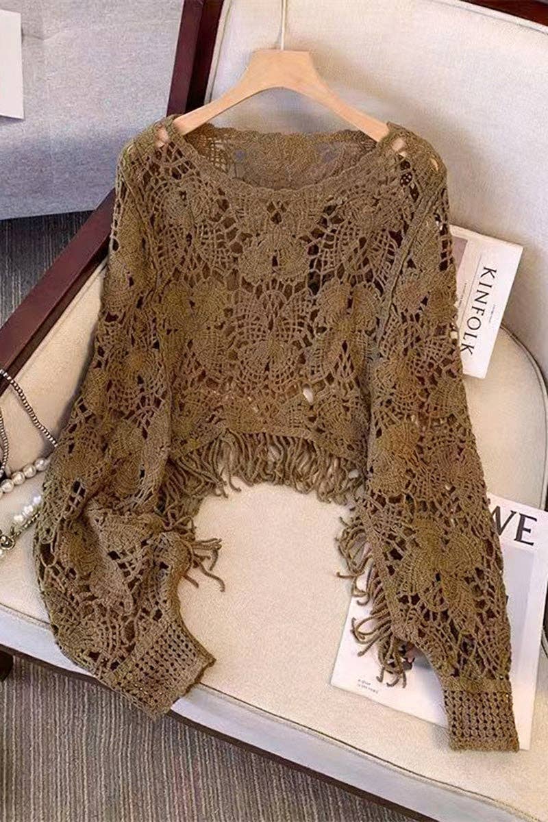 Brown Elegant Cropped Open-Knit Top