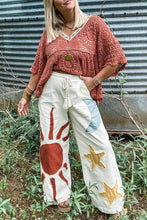 White Patchwork Drawstring Wide Leg Casual Pants