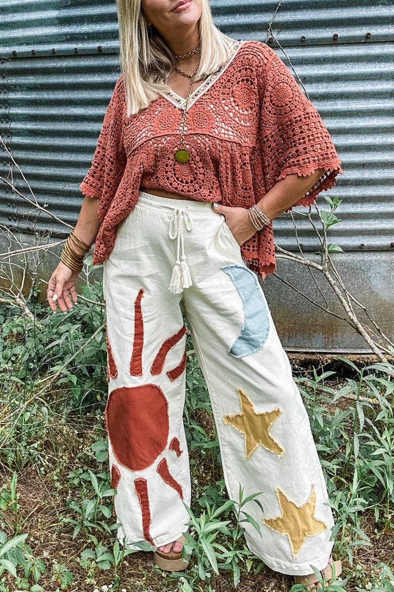 White Patchwork Drawstring Wide Leg Casual Pants