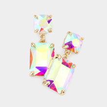 White Square Rectangle Glass Stone Link Dangle Evening Earrings