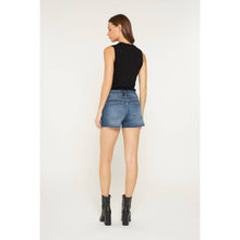 Dark Mist Blue Mid Rise Frayed Hem Mica Shorts