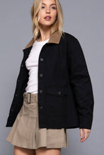 Olive Long Sleeve Corduroy Collar Detail Cotton Twill Work Jacket