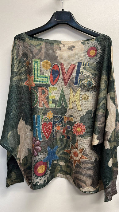 LOVE CAMO Round Neck Knit Printed Sweater