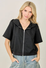 IJ3526 Rhinestone-Adorned Short Sleeve Zip-Up Hoodie Jacket: Black / L