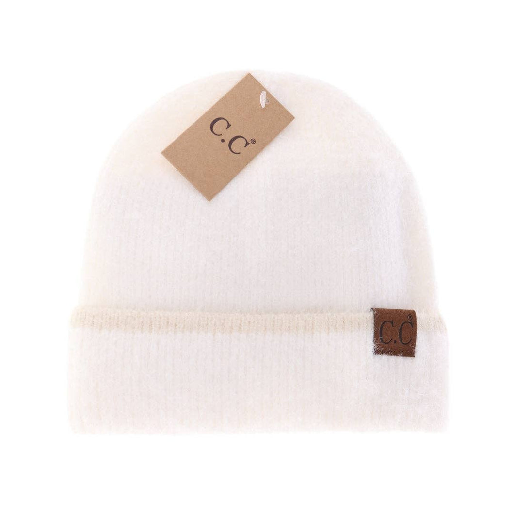 Ivory Soft Feather Yarn Striped Cuff C.C Beanie