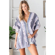 Blue Purple Washed V Neck Ruffle Mix Media Button Oli+Hali Top