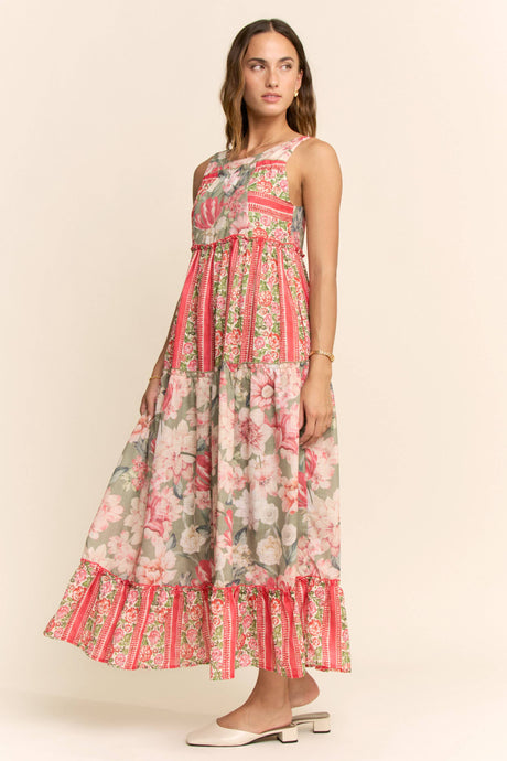 Sage Floral Boho Block Tiered DD Maxi Dress