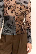 Mocha Blue Floral Flocked Patchwork Mesh DD Top