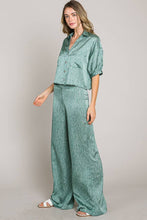 Green Short sleeve button down crop satin shirt