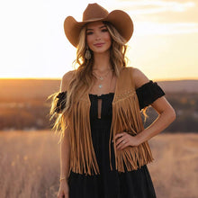 Camel Western Studded Fringe Open Front Vest