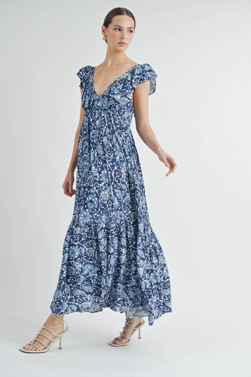 Blue Ruffle Tiered V-neck Maxi Dress