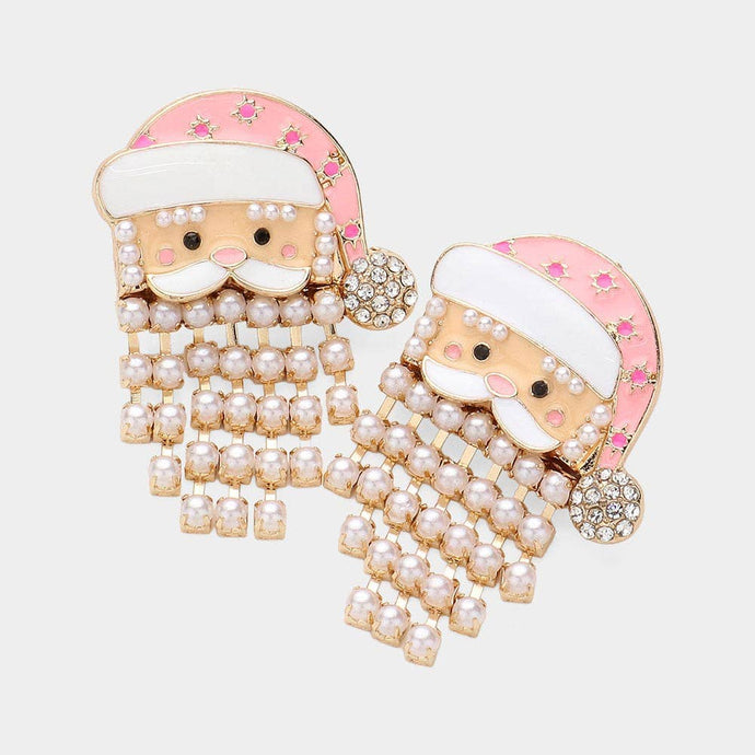 Gold Pearl Fringe Beard Enamel Santa Earrings
