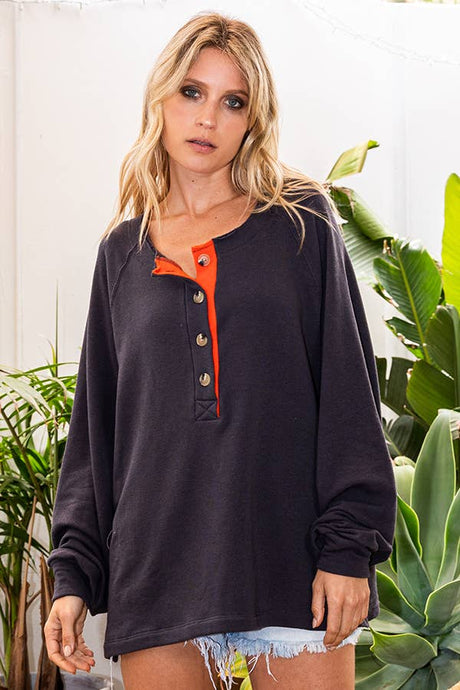 Charcoal  Contrast Placket Oversize Bucketlist Tunic Top