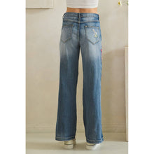Denim Washed Floral Embroidered Darted Oli+Hali Pants