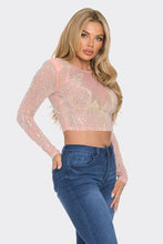 Pink Rhinestone Sheer Mesh Long Sleeve Crop Top